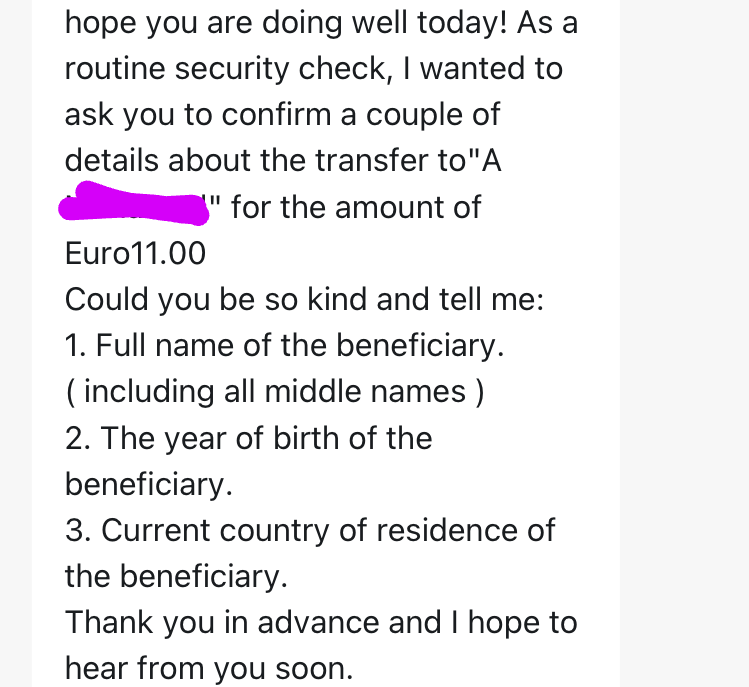 axmedamiinmax's tweet photo. This my reality and the reality of so many ppl, with names like mine!

I AM TIRED!! WE ARE TIRED!!!

This is is about 11 EURO (!!!) that a friend wired from their UK acc to my Dutch acc &amp; the UK bank refuses to complete the transaction, unless my friend sends them this info about https://t.co/r1XjbQqe4t