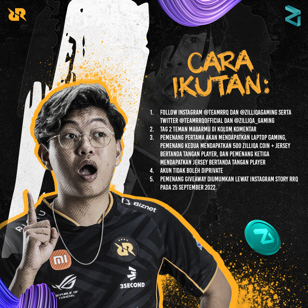 teamrrqofficial's tweet photo. RRQ dan @zilliqa_gaming  lagi bikin Giveaway besar-beasaran, nih!  Kalian bisa menangin laptop gaming, jersey + tanda tangan pemain, sampai Zilliqa Coin. 

Simak caranya di slide 2, kuy! https://t.co/vTu98Fx2fi