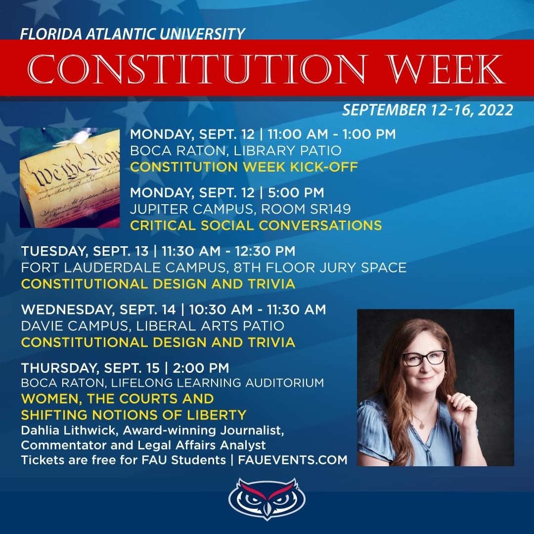 FAULibraries's tweet photo. Don't miss the Constitution Week kick-off on the Wimberly Library patio at 11 a.m. today! 
Check out other events happening on all campuses this week. 

#constitutionweek #faulibraries #FAU https://t.co/JrSwFtJ3SG