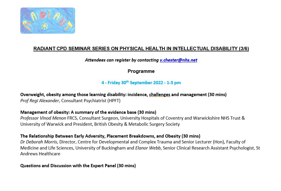 Our September CPD invitations are being sent out today, we have a great programme on obesity and developmental disability lined up. If you would like to attend please email Verity on v.chester@nhs.net