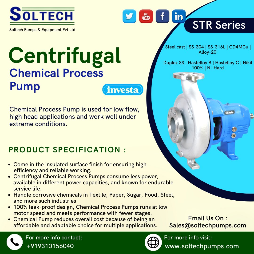 Soltech offer's Chemical Pumps can take a designed pressure up to 20kg/sq.cm. and so can give a highly extended life of the pump in various chemical process applications. 
#soltechpump #centrifugalpump 
 Gmail - Sales@soltechpumps.com
soltechpumps.com