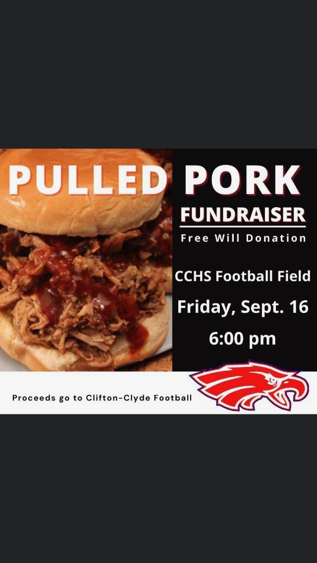 coachsteinbrock's tweet photo. Military Appreciation Night this Friday at Ed Buller Field. 🇺🇸
Clifton-Clyde will host the DII Defending State Champions Axtell. Kickoff at 7:00pm. The 🏈 team will be hosting a whole hog feed. Compliments of Sorell Farms. Go Eagles! #EagleNation #Family https://t.co/NoYJhA3ym2