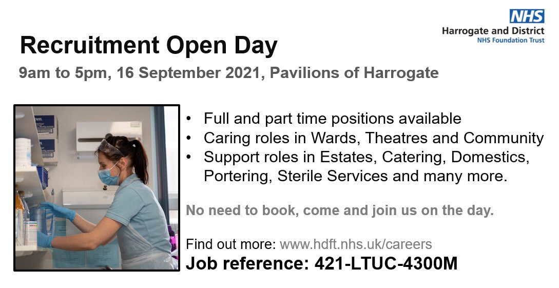 HDFT_Careers's tweet photo. We are recruiting to a range of roles on Friday 16 September at the Pavilions of Harrogate.  Come along between 9 - 5pm to find out more. https://t.co/WFvdEuYxmE