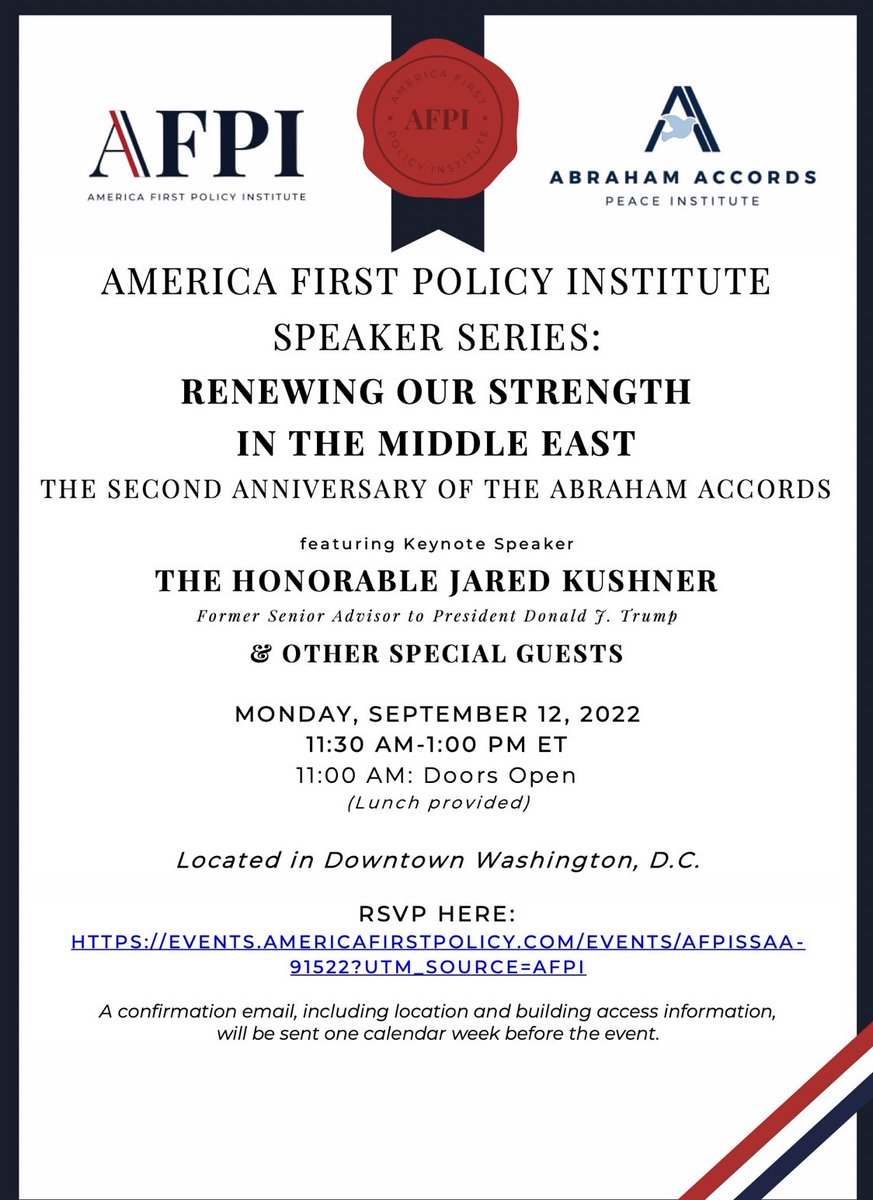 meridithmcgraw's tweet photo. America First Policy Institute is hosting an event for the second anniversary of the Abraham Accords today in DC. Jared Kushner is keynote speaker and other special guests are expected to join: https://t.co/zh2DcpKQcd