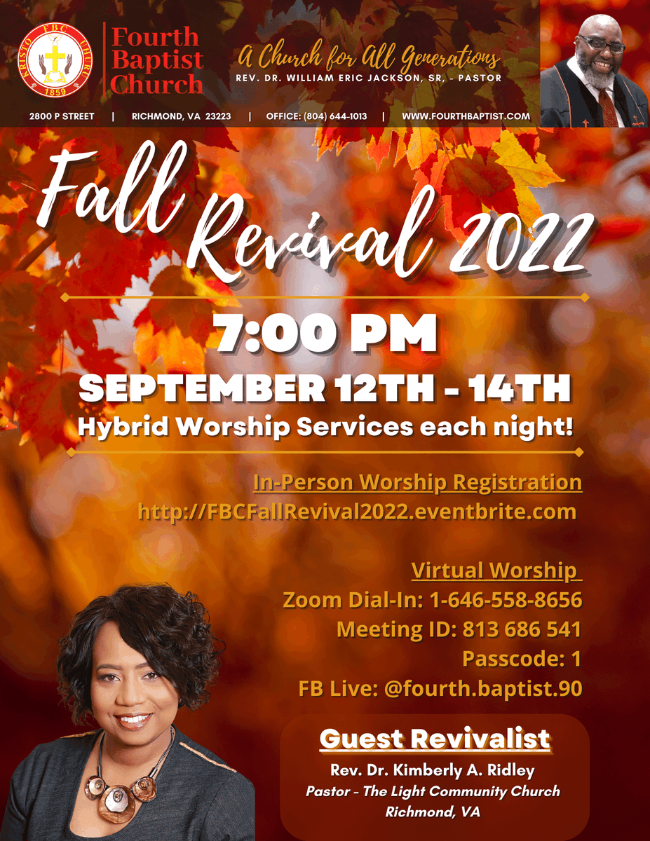FourthBaptist's tweet photo. Revive, refresh and restore! It's Revival Time at FBC! From September 12th through September 14th, the Rev. Dr. Kim A Ridley will be blessing us with her loving and faithful guidance with God's words. https://t.co/UxLegqDMsi