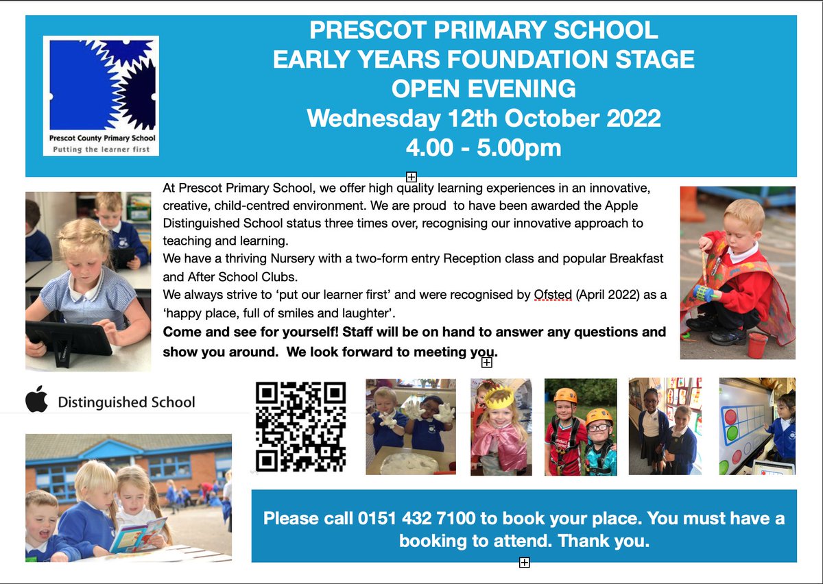 PrescotPrimary's tweet photo. Do you know any little learners who are looking for their new school or nursery? Ring to book a place at our upcoming EYFS Open Evening. Please share. 😊 https://t.co/AECkj4OfXw