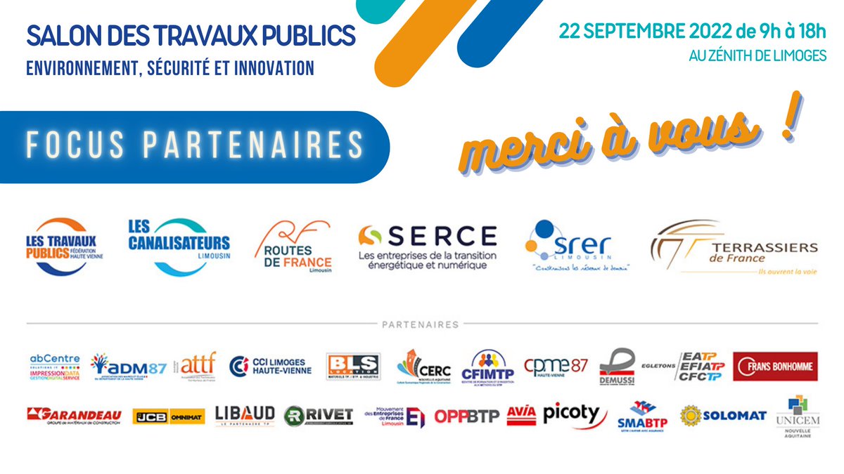 🙏  PARTENAIRES 🙏 

A quelques jours du premier Salon des TP de Limoges, nous tenons à remercier les partenaires qui nous accompagnent pour cet événement.

Venez les rencontrer sur place et découvrir leurs activités au service des TP, inscription : frtpna.fr/salon