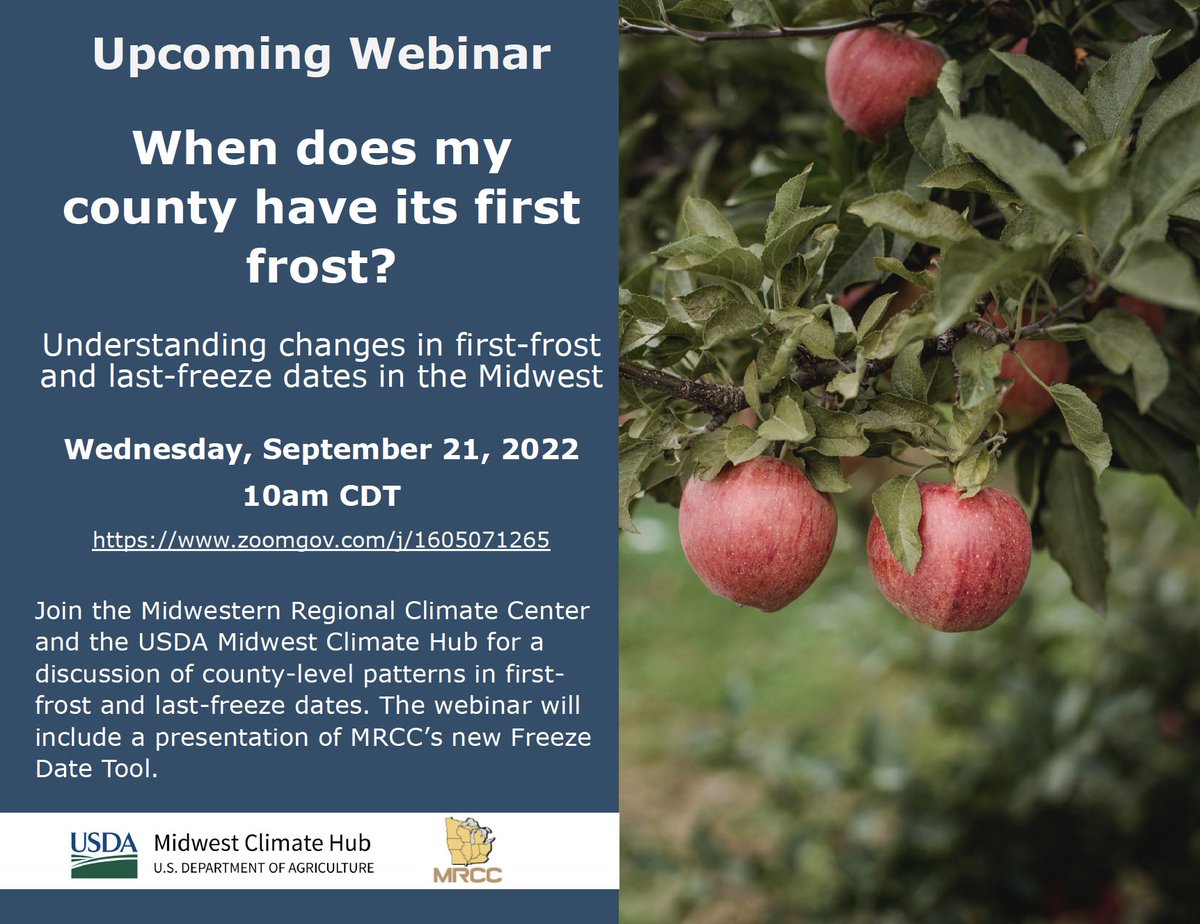 MidwestClimate's tweet photo. Trends in freeze date &amp; growing season length have impacts on #agriculture, including planting &amp; harvest decisions. Join us Sept 21 10am (central) for a webinar exploring county-level spring/fall freeze patterns &amp; a tutorial on our new freeze date tool. https://t.co/JVtPxaqkiO https://t.co/WH73thYhGU