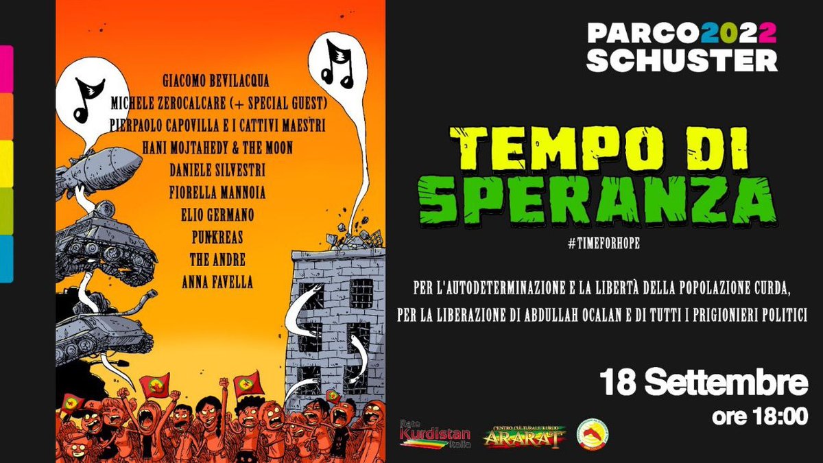 manolo_loop's tweet photo. #Roma #18Settembre
A sostegno del popolo curdo

@FiorellaMannoia, @daniesilvestri, @Punkreas_Band, @HaniMojtahedy, The Andre + Pierpaolo Capovilla e i cattivi maestri.

Poi disegnetti di @zerocalcare &amp; @keison22 e gli interventi di @annafavella e #ElioGermano

É #TempoDiSperanza! https://t.co/tfjCCwHJaY