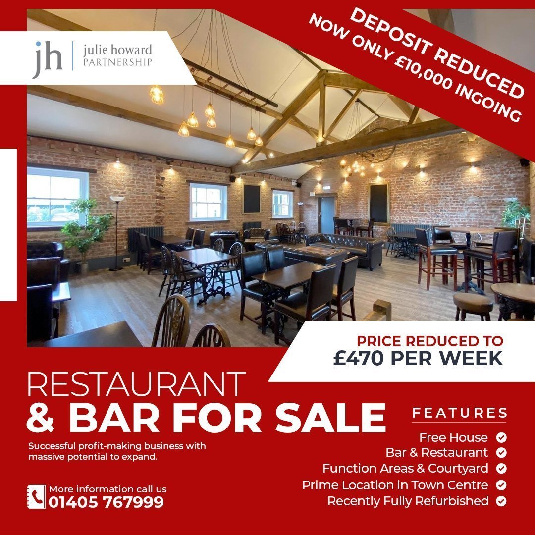 JulieHowardP's tweet photo. BAR/RESTAURANT BUSINESS FOR SALE....
‼️ONLY £10k INGOING &amp; £470 PER WEEK‼️

This successful profit-making business has massive potential. Includes Bar, Restaurant, Function Areas &amp; Courtyard

For more information and to arrange a viewing please call 01405 767999

#businessforsale https://t.co/A0jokDp7ro