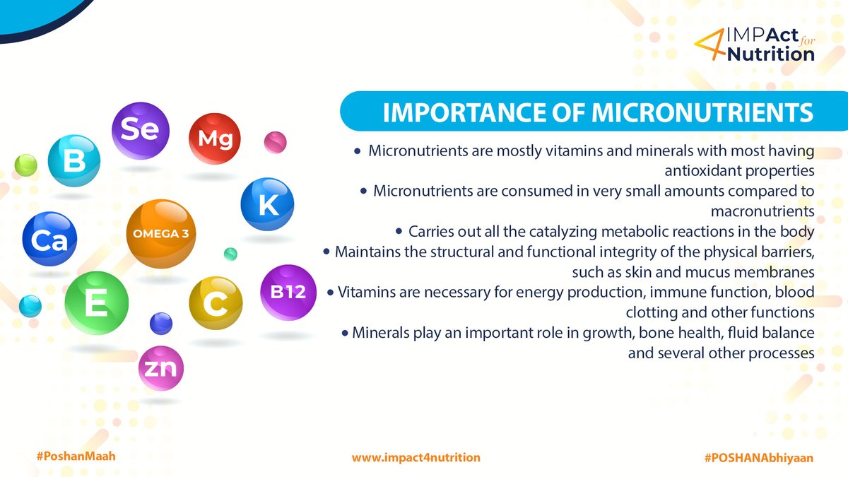 IMPAct4Poshan's tweet photo. Micronutrients are often referred to as vitamins &amp; minerals and are vital to the healthy development, disease prevention &amp; well-being of an individual. Except for vitamin D, other micronutrients are not produced in the body and must be derived from one's diet. 
#knowyournutrients https://t.co/7GG2o7m3U1