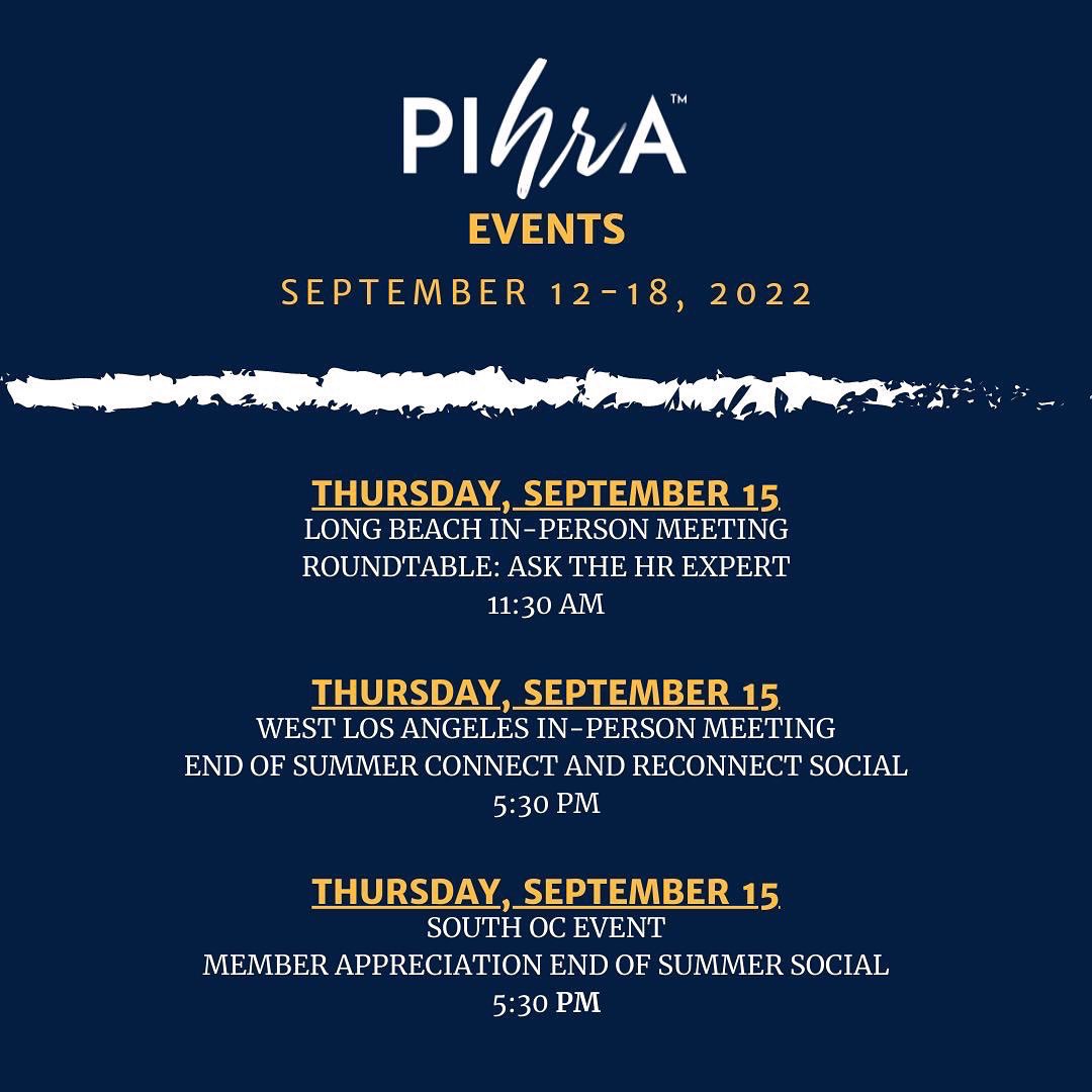 PIHRAPasadena's tweet photo. Good morning!☀️
Events for the week of September 12-18, 2022

Please note-#realHR Wednesday, September 28 and #CELU22 Wednesday, October 19.

Space is limited- register today! ✅ https://t.co/ltJfxOotj4

#pihra #inpersonlearning #webinar #hrcommunity https://t.co/tHSeVDzv4a