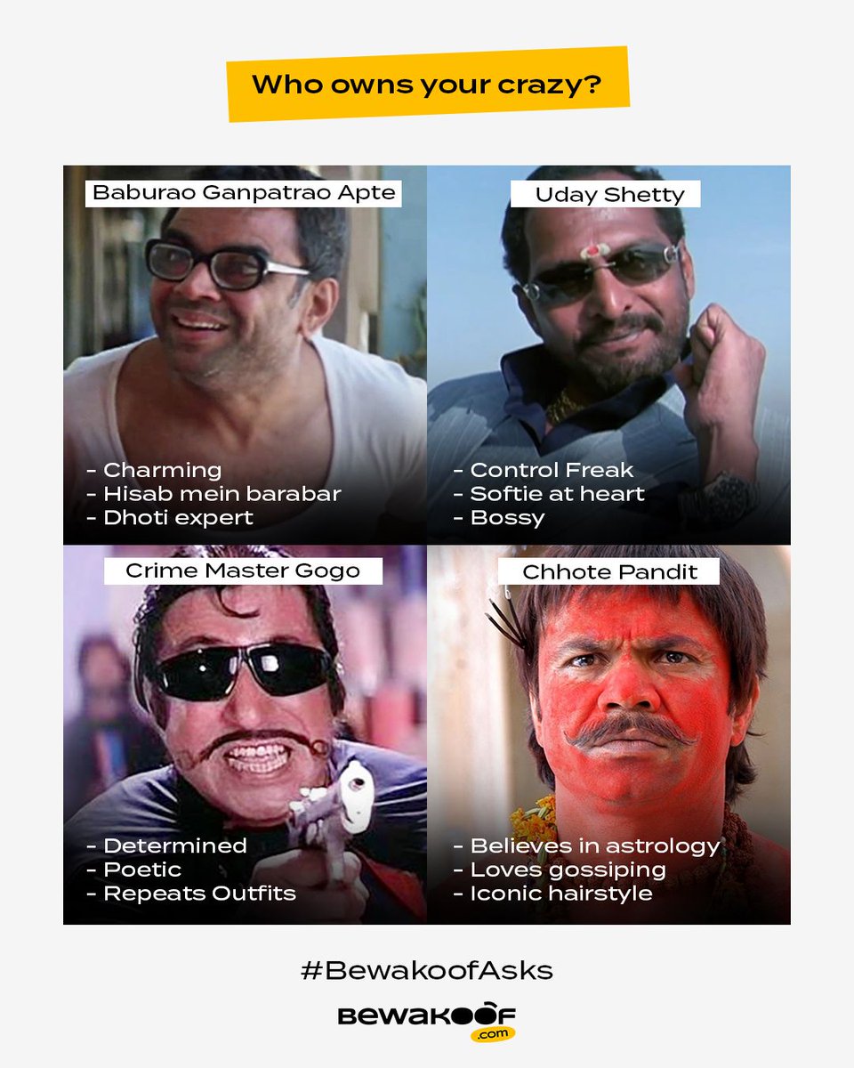 bewakoof's tweet photo. Toh bolo dosto, who do you relate to? 😜
#OwnYourCrazy #HeraPheriMemes #WelcomeMemes https://t.co/ewsfh04YDA