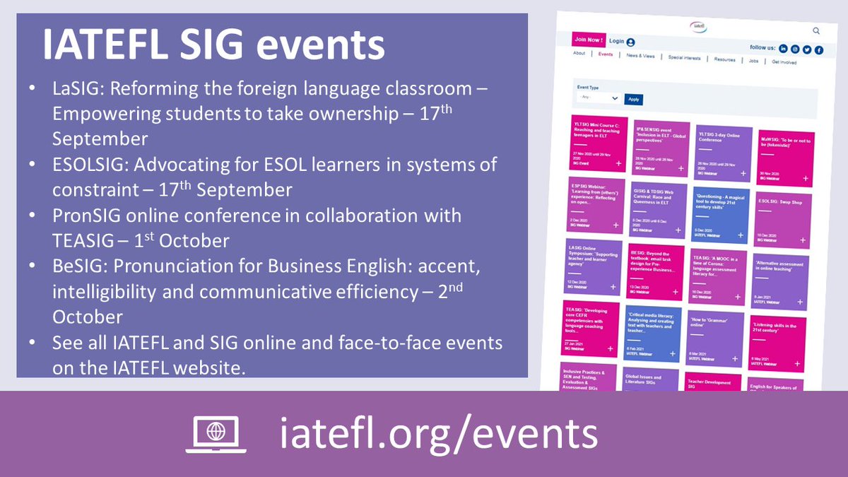 Our next few SIG events are coming up soon. Save the dates and don't miss out!

#IATEFL #SIG #webinar #onlineevent #online