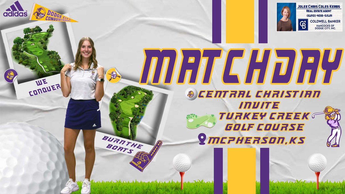 ⛳️ Tee Time | #GoConqs

Women's Golf opens fall season

🆚Central Christian Invite
📅Sept 12th-13th
📍McPherson, KS
⛳️Turkey Creek GC
📊Live Results: results.golfstat.com/public/leaderb…

Sponsored by: Jolee Chris Coles Kerbs | Real Estate Agent - Coldwell Banker

#WeConquer #BurnTheBoats