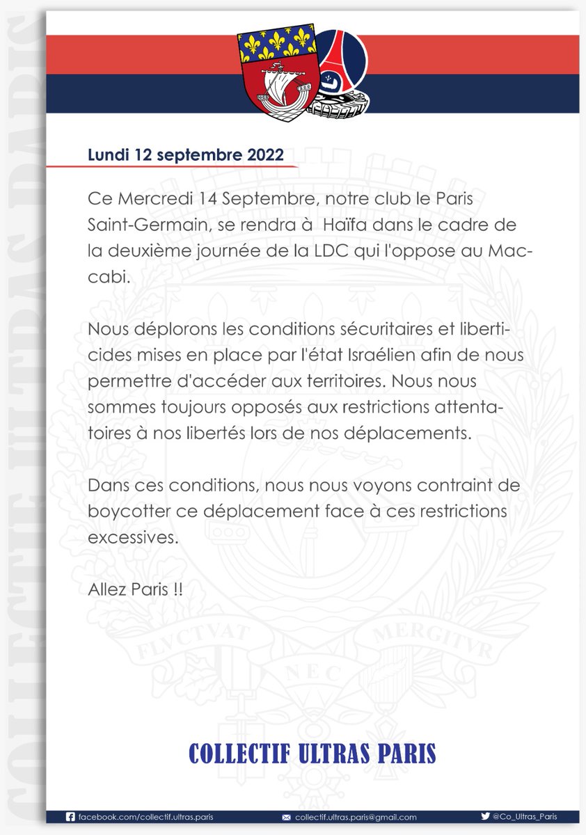 Co_Ultras_Paris's tweet photo. Communiqué du Lundi 12 septembre 2022.

#MaccabiPSG
#UCL https://t.co/5Ft6inNKZo