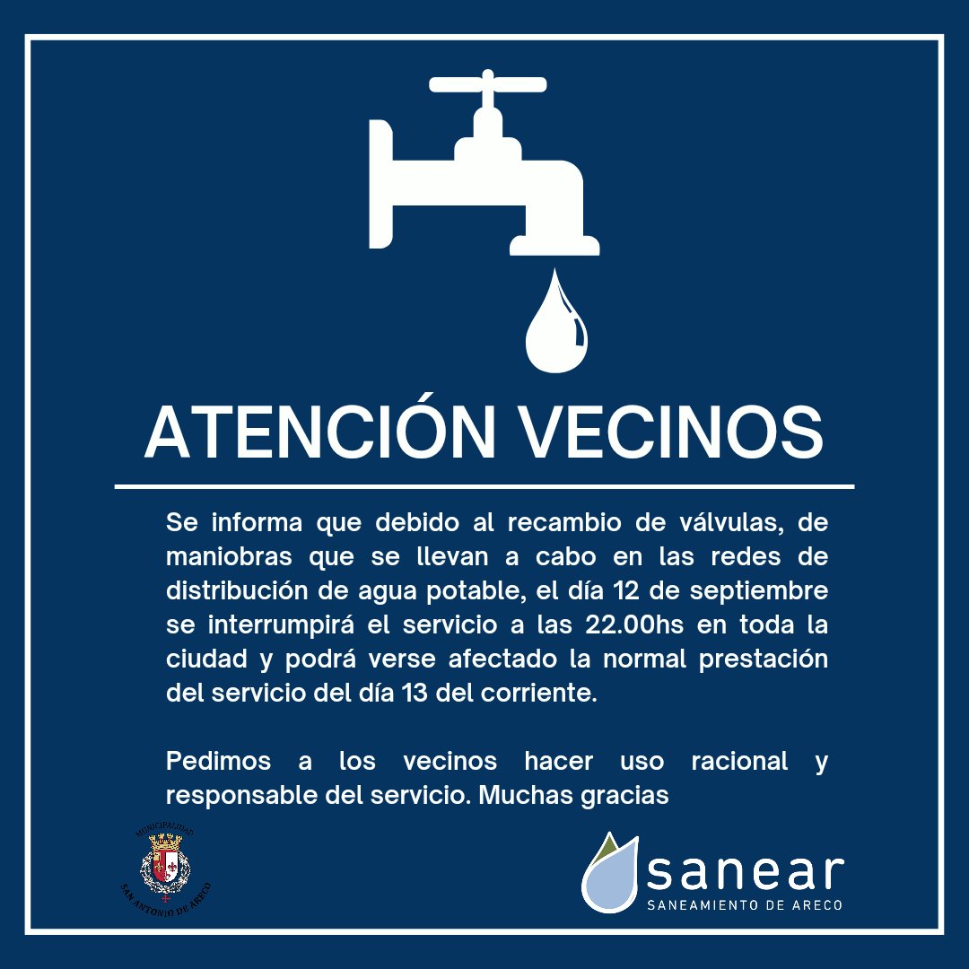 Sanearareco's tweet photo. ATENCIÓN VECINOS 💧 🚨 https://t.co/M0P3njJZxu