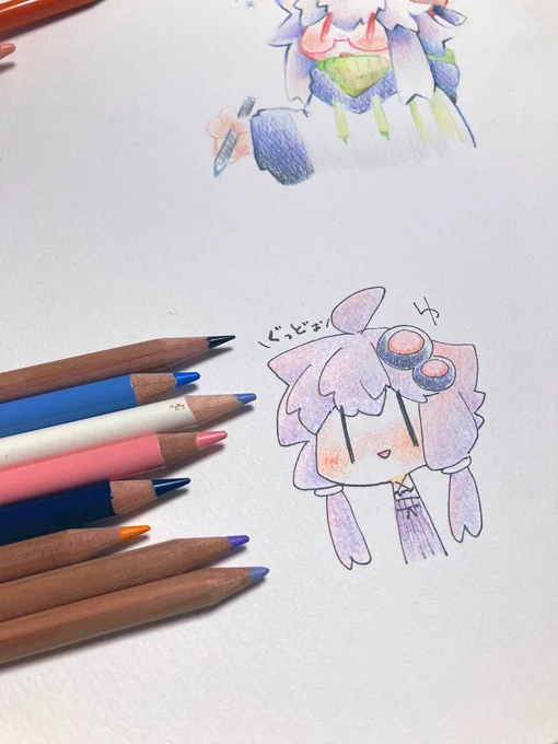 ピンク塗ってぇ(発光しちゃった)水色重ねてピンクも更に重ねてぇ薄い紫とその他諸々ほっぺも塗り塗りぃっと塗り重ねてぇ体生やしてぇぐっどぉ 