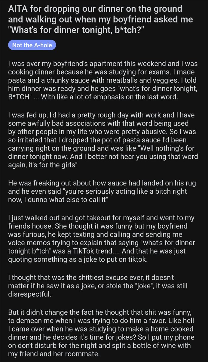 AITA_online's tweet photo. AITA for dropping our dinner on the ground and walking out when my boyfriend asked me "What's for dinner tonight, b*tch?" https://t.co/RFumYf8qUi https://t.co/AtH57Tj2JA