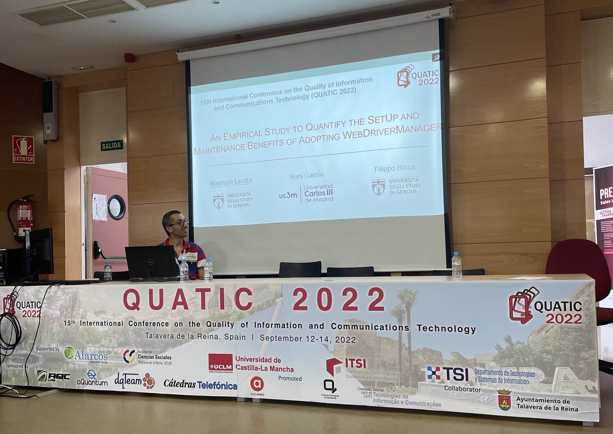 quatic_conf's tweet photo. Second session begins Maurizio Leotta speaking of "An Empirical Study to Quantify the SetUp and Maintenance Benefits of Adopting WebDriverManager" https://t.co/DsUPDQH2tz