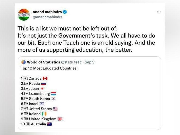 PublicVibe's tweet image. A list we mustn't be left out of: Mahindra on 'top 10 most educated countries' list
Download #PublicVibe For more Updates:  bit.ly/3et318y
#AnandMahindra #WorldOfStatistics
