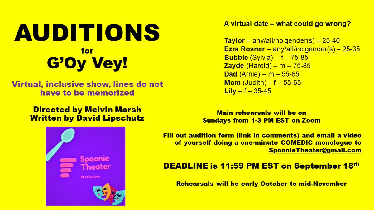 annabush's tweet photo. CASTING 7 roles for inclusive, virtual production
FILL OUT audition form here:
https://t.co/7R0yfDvBBJ...
SEND one-minute comedic monologue on video to SpoonieTheater@gmail.com https://t.co/xFZHJcs1wJ