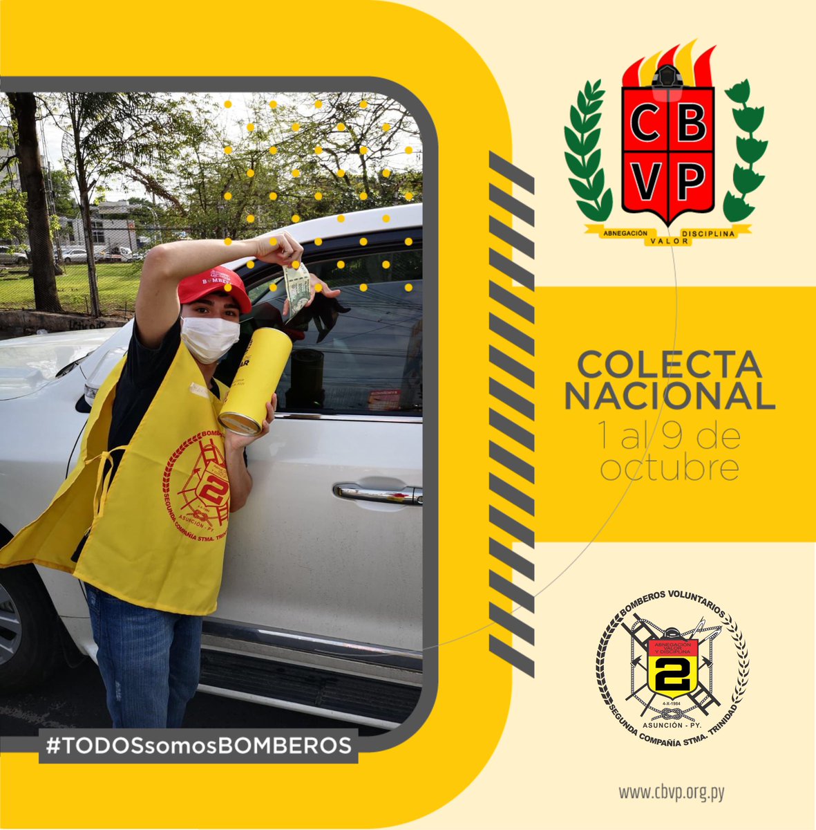 Inscribite para ser voluntario y ayudar en la logística de la Colecta Nacional 2022, #TODOSsomosBOMBEROS 

Inscripciones: bit.ly/colecta-k2

Del 1 al 9 de Octubre estaremos saliendo a las calles de todo el #Paraguay y vos podés ser parte.