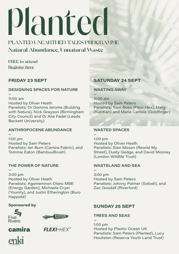 OliverHeath_OHD's tweet image. Planted Cities programme: a FREE talks event on the theme of Natural Abundance, Unnatural Waste, taking place 23-25th Sept., as part of the London Design Festival. 🌿

@PlantedSam @plantedtribe #rewilding #buildingwithnature @leedsbeckett #londonwildlifetrust #rewildmystreet