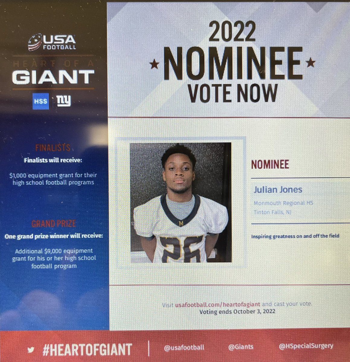 MRHS_Football (@mrhsfootball3) on Twitter photo Vote at usafootball.com/hoagvote. <a href="/JulianJones2619/">Julian Jones</a> <a href="/MRHSclubs/">MRHS Clubs and Activities</a> <a href="/MRHS_Evans/">Brian Evans</a> <a href="/USAFootball/">USA Football</a> <a href="/HSpecialSurgery/">Hospital for Special Surgery (HSS)</a> <a href="/Giants/">New York Giants</a> #HeartofaGiant Vote at usafootball.com/hoagvote. <a href="/JulianJones2619/">Julian Jones</a> <a href="/MRHSclubs/">MRHS Clubs and Activities</a> <a href="/MRHS_Evans/">Brian Evans</a> <a href="/USAFootball/">USA Football</a> <a href="/HSpecialSurgery/">Hospital for Special Surgery (HSS)</a> <a href="/Giants/">New York Giants</a> #HeartofaGiant