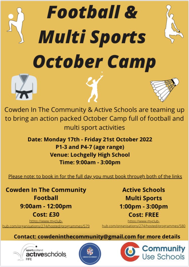 ‼️OCTOBER CAMPS ‼️| Teaming with @FifeActiveSch & @CommUseFife to bring fun filled camps to @Beath_HS & @LochgellyHS Book via: myclub-hub.com/organisations/… For more details contact: cowdeninthecommunity@gmail.com