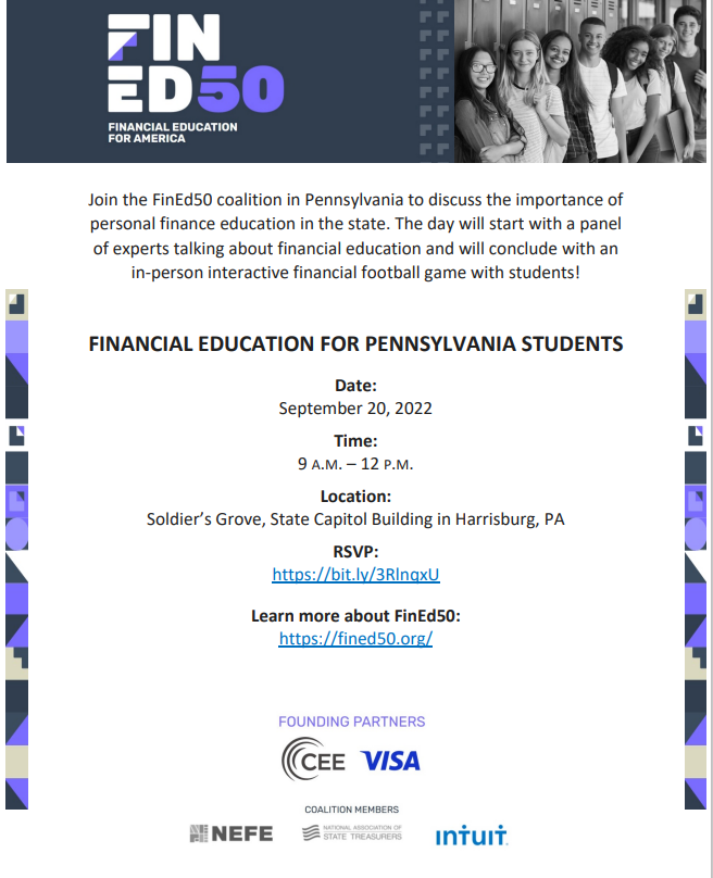FinEd50's tweet photo. Join @Visa @CouncilEconEd in Harrisburg, Pennsylvania at our panel discussion about the importance of access to personal finance courses and how we can support educators to deliver this important content. Register here: https://t.co/vvaCPEjupM #FinEd50 https://t.co/KaIJYMEdYg