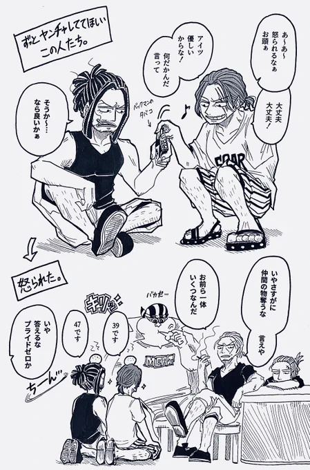 【赤髪&👒一味】
手がかかる船長と気の合う仲間もやっぱり手がかかる。 