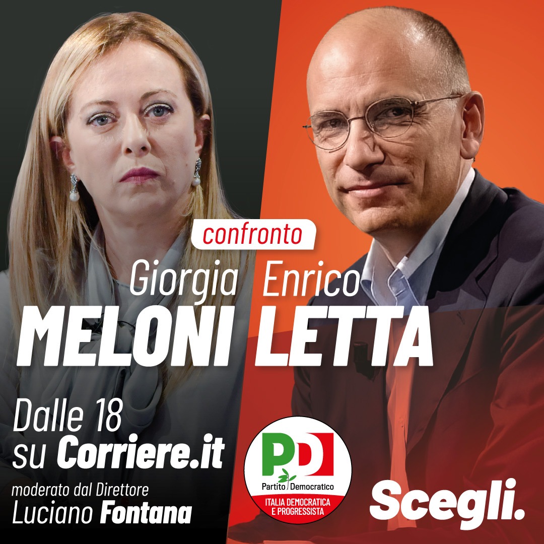 Confronto <a href="/EnricoLetta/">Enrico Letta</a> - Giorgia Meloni 
Alle 18 in diretta su <a href="/Corriere/">Corriere della Sera</a> e sulla nostra pagina Facebook.
#ScegliLetta #25settembrevotoPD