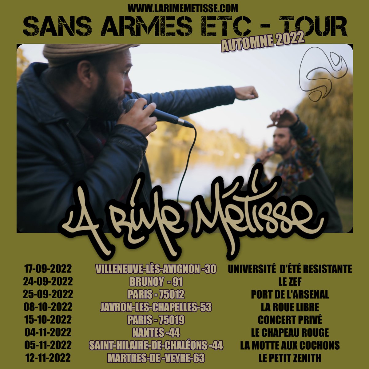 architeknic's tweet photo. La Rime Métisse « Sans Armes Etc » #tour 💥💥💥
Voilà toutes les dates de l’automne! 🙌🤗
#larimemétisse #culturehiphop #rapfrançais #positif #ensemble #nonviolence #engagé #essentiel #naturel #paix #amour #unité #samuser #partage #bonnesvibrations #tournée #concert https://t.co/sVrxT62Puc