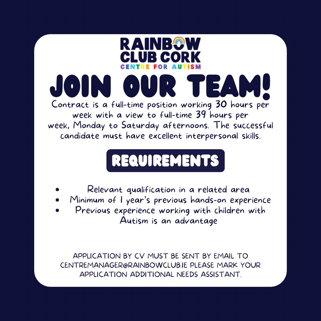 Rainbowclubcor2's tweet photo. 🌈 Join our team! 🌈

We are currently hiring for additional needs assistants. This role is a full-time position working 30 hours per week, afternoons, Monday to Saturdays.

#jobfairy #jobscork #jobfairyireland #jobfairycork #jobs #cork #corkcity #autismcork https://t.co/CIKLHEWhbj