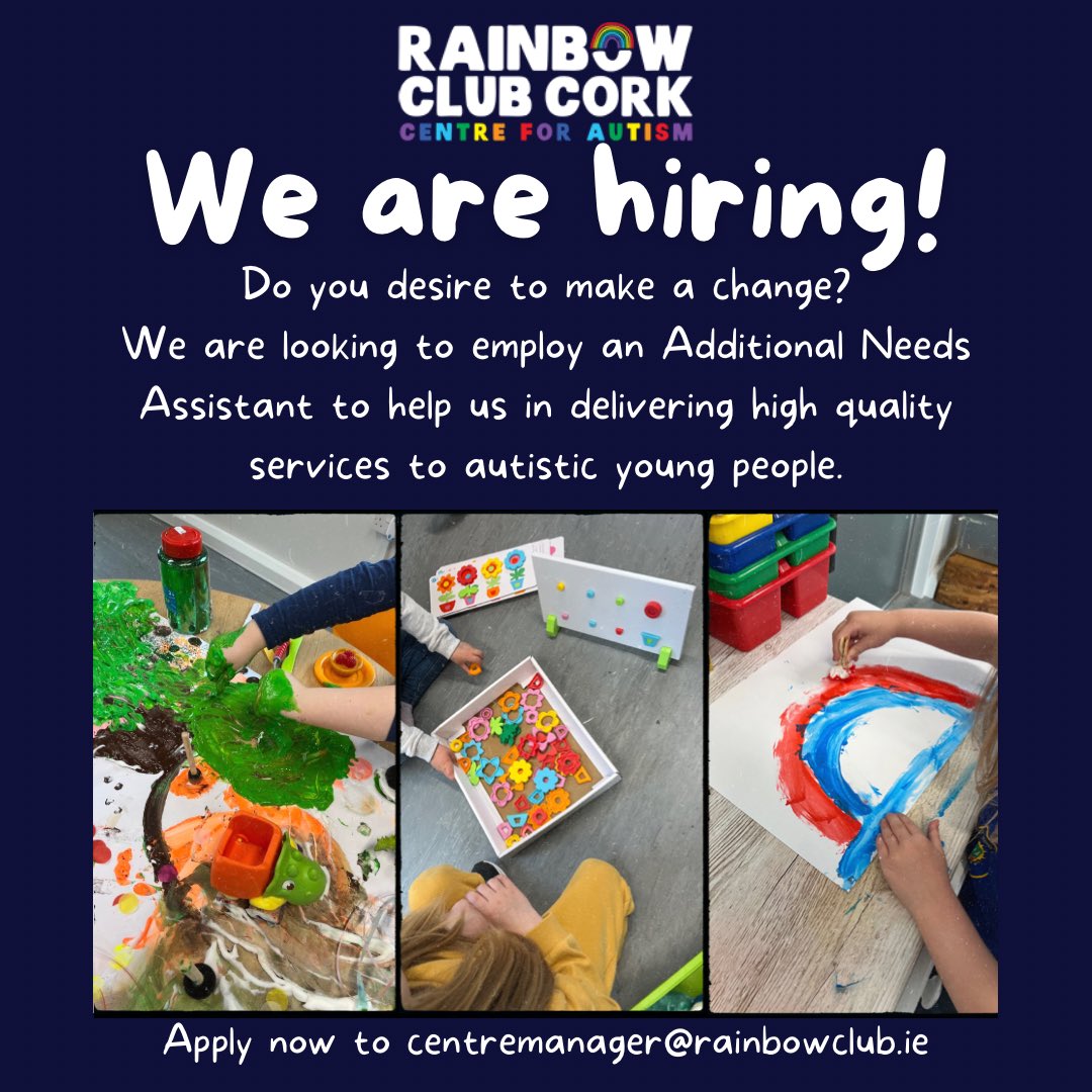 Rainbowclubcor2's tweet photo. 🌈 Join our team! 🌈

We are currently hiring for additional needs assistants. This role is a full-time position working 30 hours per week, afternoons, Monday to Saturdays.

#jobfairy #jobscork #jobfairyireland #jobfairycork #jobs #cork #corkcity #autismcork https://t.co/CIKLHEWhbj