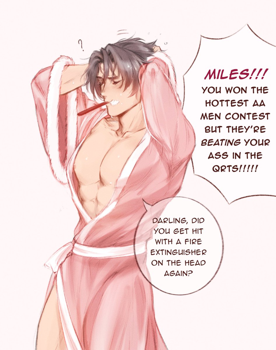 cw//: half-nudity. boobs. tits, even.

Shout out to Miles Edgeworth in the Dead Husband Robe gotta be one of my favorite gender 