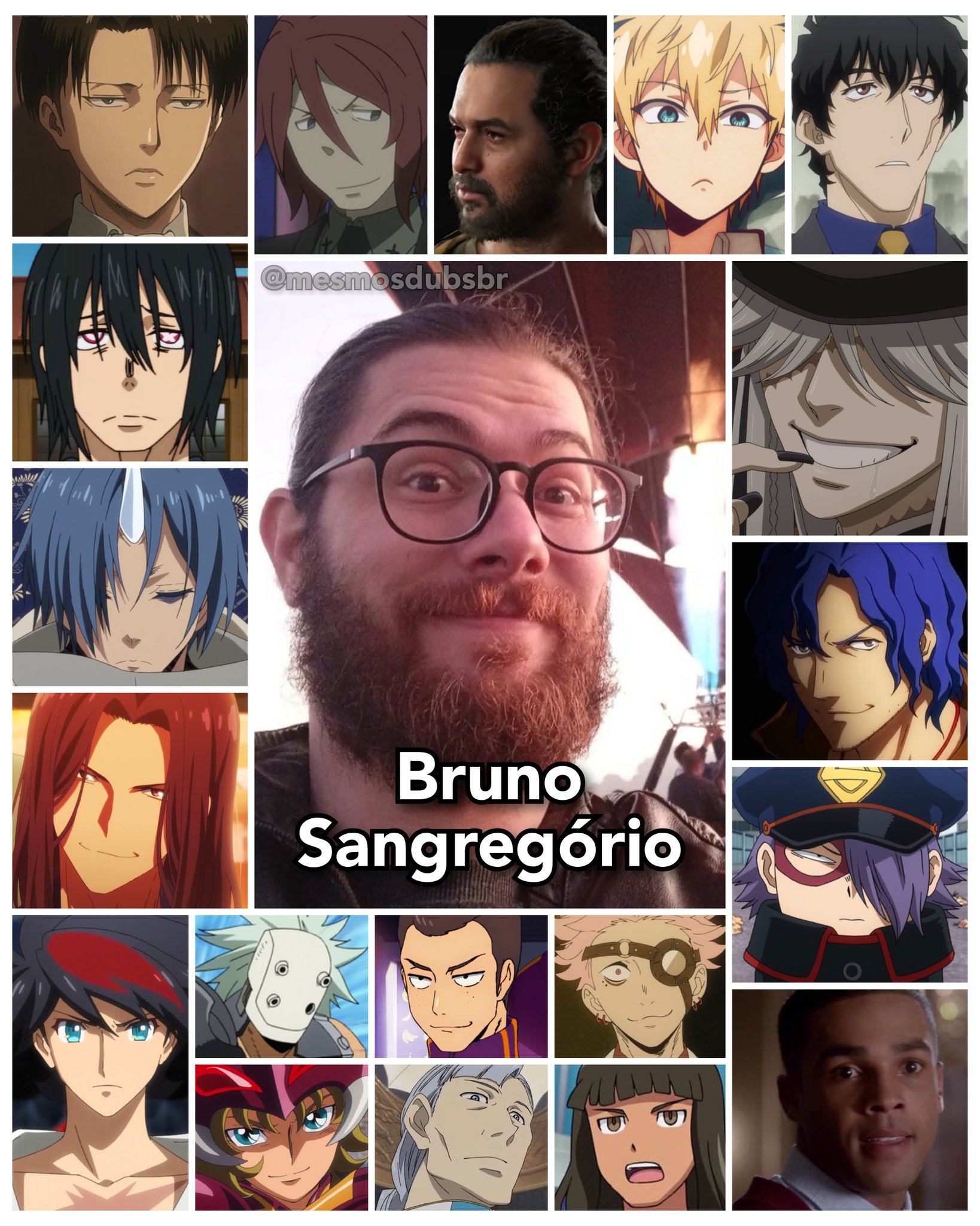 Personagens Com os Mesmos Dubladores! on X: Um dos dubladores nesses  últimos anos que se firmou no conhecimento da galera por sua contribuição  em dubs de anime, Bruno Sangregório é foda, família!