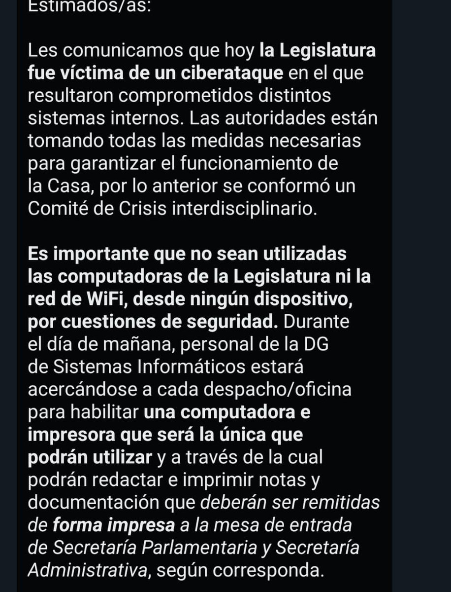 ‼️ Me informan que la Legislatura porteña fue víctima de un ciberataque y resultaron comprometidos sistemas internos. 

Están sin internet en todos los despachos, sin poder trabajar normalmente. 

Hay información muy valiosa y relevante que puede perderse.