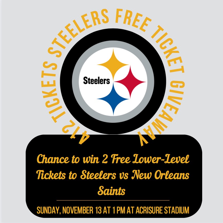 #SteelersTwitter, Our 18th #SteelersFreeTicketGiveaway
2 Free 100-Level Tickets #Steelers vs <a href="/Saints/">New Orleans Saints</a>
Sun 11/13 1pm
Giveaway Starts Now ends Mon 9/12 11:59 pm
To Enter: Follow, RT &amp; Tag 4 Friends
You can Enter on our Facebook &amp; IG <a href="/412Tickets/">412 Tickets</a> too
Winner Agrees Not to Resale Tix