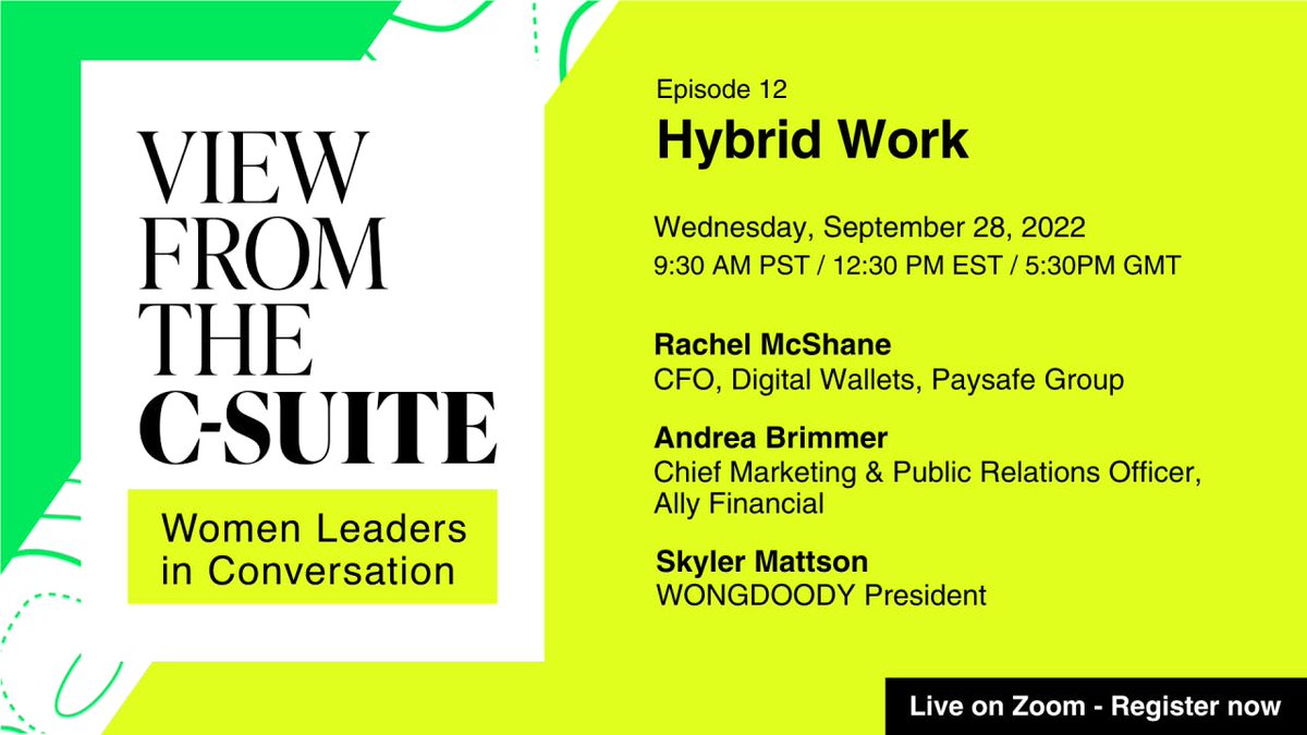 Hybrid work — with all its challenges and benefits — is a new normal. Join Skyler Mattson on September 28th as she chats with industry leaders Andrea Brimmer and Rachel McShane on navigating hybrid work in our next View From the C-Suite. Register today!... bit.ly/3ByfIeF