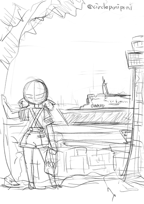 追悼の意味を込めて横浜博覧会の時に来航したクイーンエリザベス二世号を見つめるダージリン(10年前)を描きたいのだけど、あまりに時間がなくて手を付けられないでいる 