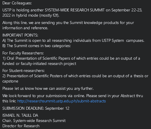 USTP_SCSM's tweet photo. Dear Colleagues:
USTP is holding another SYSTEM-WIDE RESEARCH SUMMIT on September 22-23, 2022 in hybrid mode (mostly f2f). 

We look forward to your submissions via online. Please send in your Abstract thru this link: https://t.co/XVcDgQ2Po3 https://t.co/oTOVUsn5OG