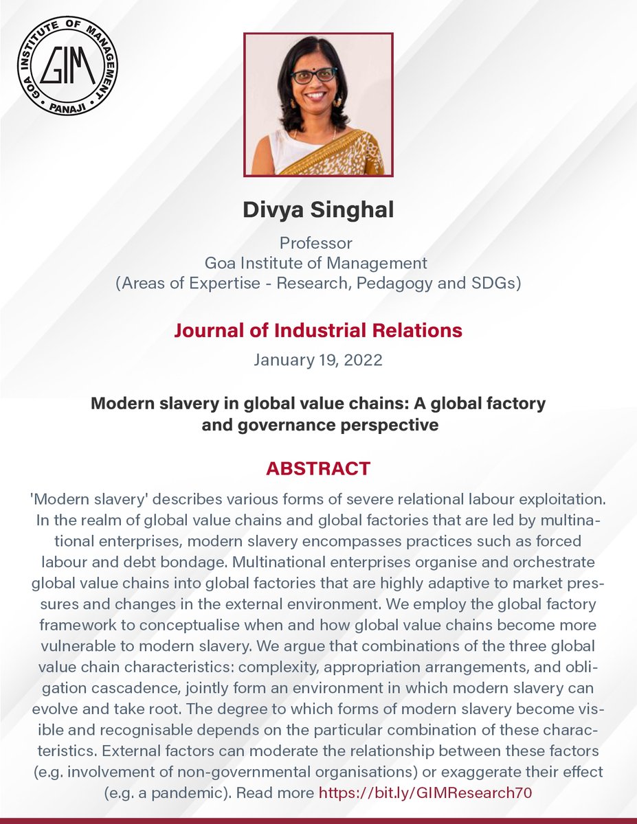 Centre for Excellence in Research (CER) GIM (@gimresearch) on Twitter photo 1/2 Study published in the Journal of IR special issue on ' #ModernSlavery and #EmploymentRelationship :Defining the Continuum of Exploitation’ by Prof <a href="/ajmerkidivya/">Divya Singhal</a> & co-authors contributes a framework that can be used by those from varied backgrounds.
bit.ly/GIMResearch70 1/2 Study published in the Journal of IR special issue on ' #ModernSlavery and #EmploymentRelationship :Defining the Continuum of Exploitation’ by Prof <a href="/ajmerkidivya/">Divya Singhal</a> & co-authors contributes a framework that can be used by those from varied backgrounds.
bit.ly/GIMResearch70