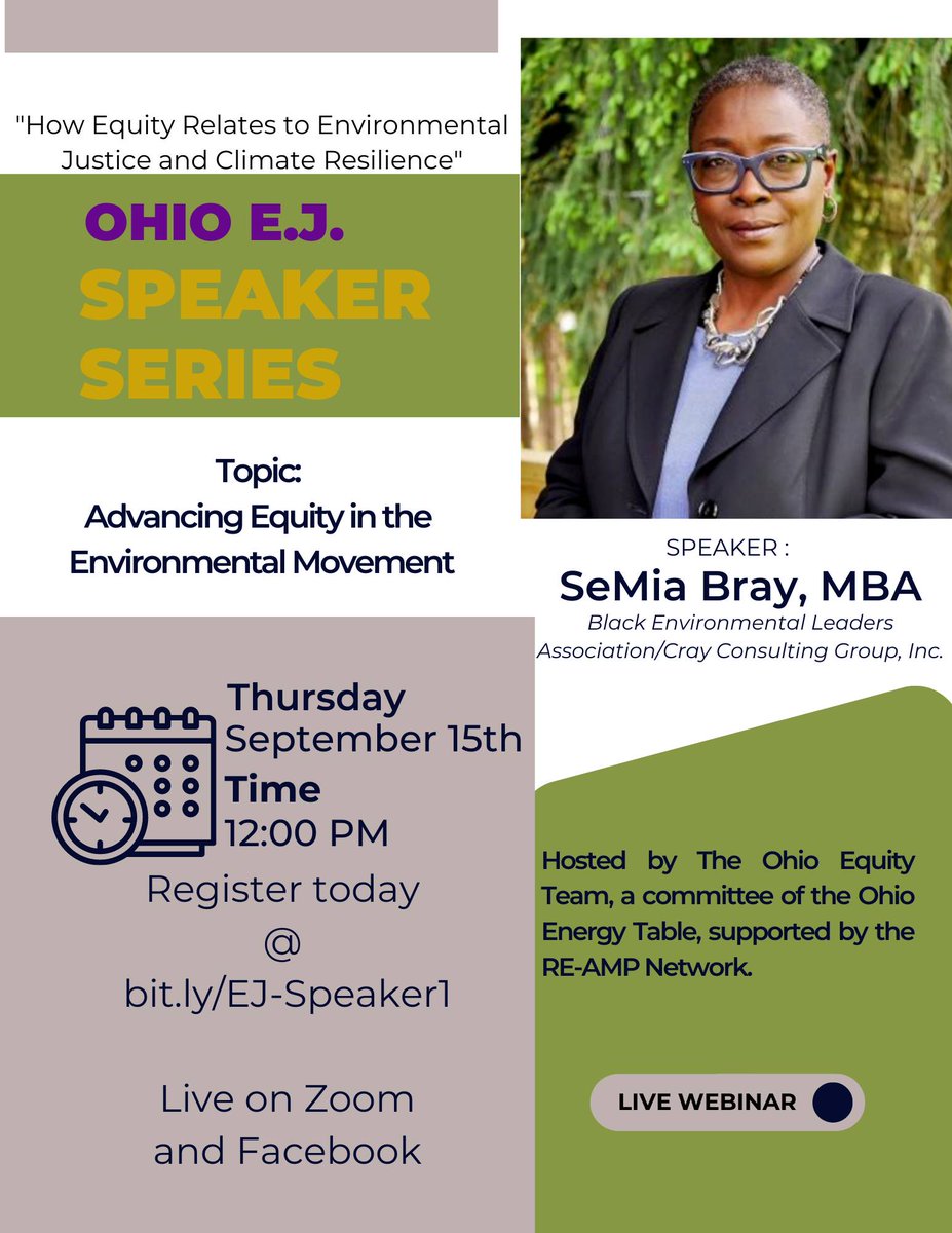 Consult_Chad's tweet photo. This Thursday, September 15th @12-1pm The Ohio Environmental Justice Speaker Series is honored to have @BraySeMia as our guest speaker. Register today->https://t.co/8QjU3vYqZi https://t.co/4t8H2NWFFN