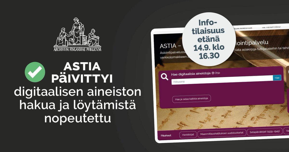 #uusiAstia on päivitetty. Nyt voit mm.:

1️⃣ Rajata haun suoraan digiaineistoon.
2️⃣ Hakea digiaineistoa myös suoraan Astian etusivulta.
3️⃣ Erottaa analogiset ja digitaaliset arkistoyksiköt.
4️⃣ Rajata aineistohakua toimijalla.
5️⃣ Avata korttinäkymän uuteen välilehteen tai ikkunaan.
