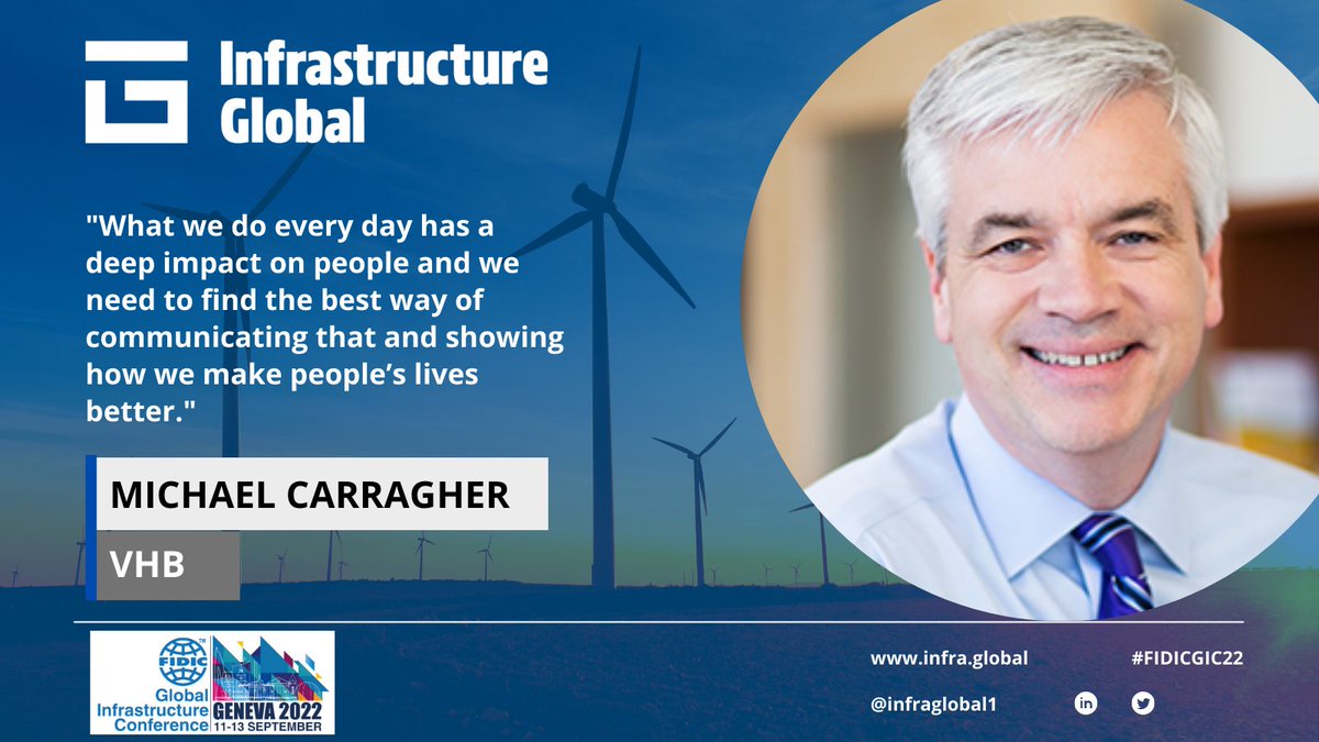 VHB's CEO Michael Carragher has told the 
<a href="/FIDIC/">FIDIC</a> #FIDICGIC22: "What we do every day has a deep impact on people and we need to find the best way of communicating that and showing how we make people’s lives better." 
#infrastructure #sustinability
