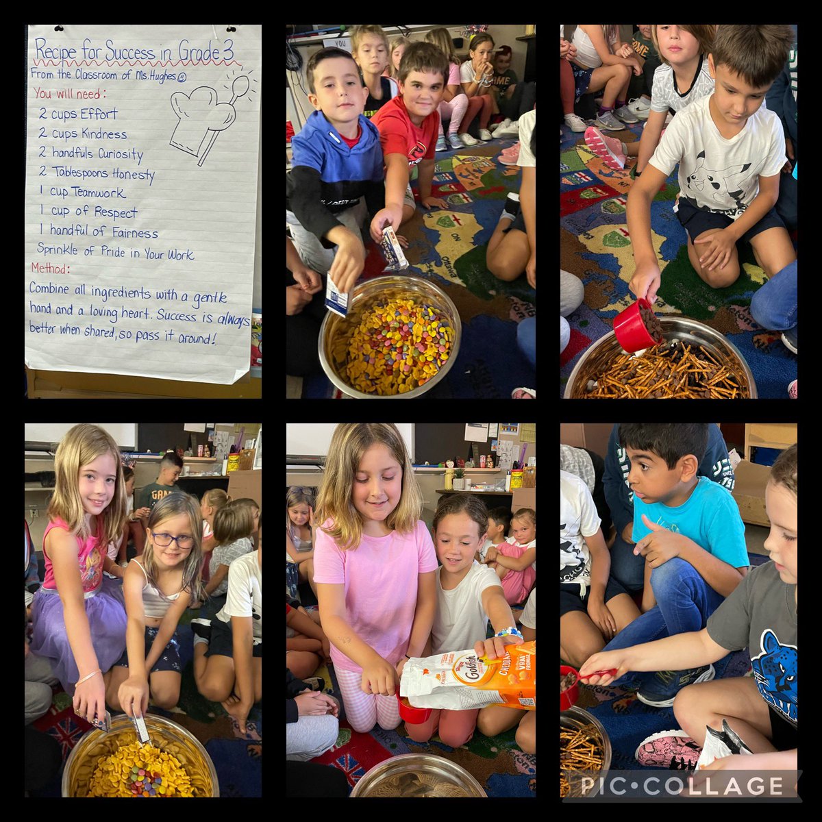 EIMGrade3's tweet photo. From the First Day of School. We read through and made this recipe together. Cheerios, Shreddies, pretzels, marshmallows, Smarties, chocolate chips, raisins and fish crackers represented all of the ingredients. #SuccessInGrade3 #Yum @EIMJaguars https://t.co/e2Dae7Jcpu