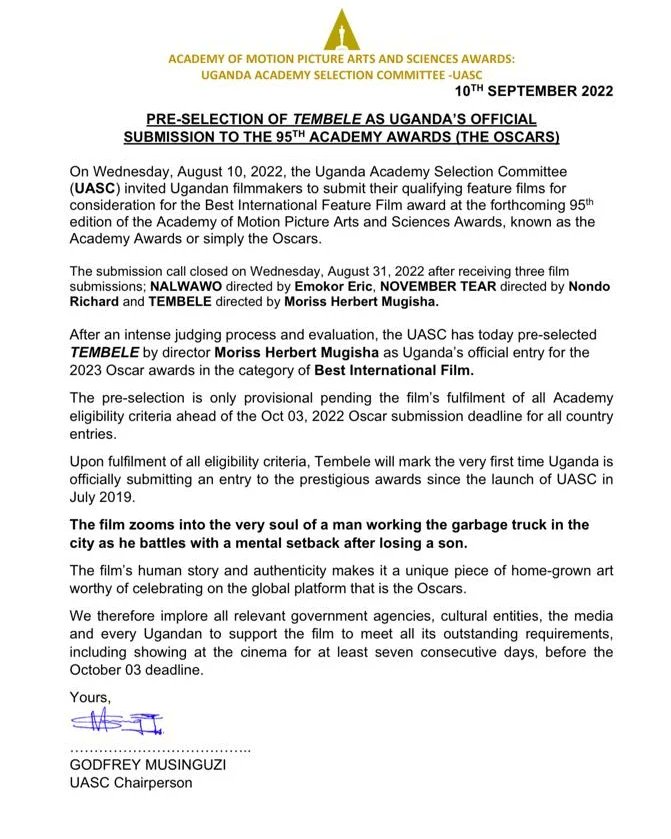 Moideasltd's tweet photo. On 10th September 2022, we woke up to the news that our film #TEMBELE was the entry the Uganda Academy Selection Committee had preselected to represent Uganda at the 95th Edition  of @theacademy (Oscars).
This comes as the most heart warming news at our end. 
@mugisha_morris https://t.co/AKYkUuHJ5T