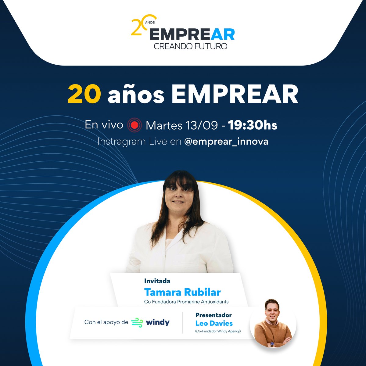 20 años EMPREAR 🥳 Todos invitados a participar de este vivo en nuestra cuenta de Instagram: @emprear_innova. Vamos a charlar con Tamara Rubilar, hoy es Co-Fundadora de Promarine Antioxidants. 📅Mañana martes 13/09🕒19:30 hs.